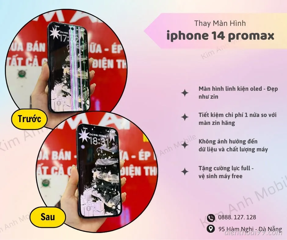 iPhone 14 Pro Max trước và sau khi thay màn hình OLED linh kiện bị sọc hiển thị được khắc phục hoàn toàn