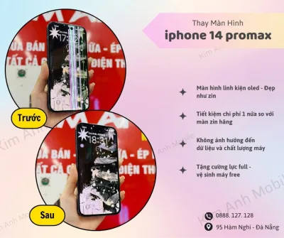 iPhone 14 Pro Max trước và sau khi thay màn hình OLED linh kiện bị sọc hiển thị được khắc phục hoàn toàn
