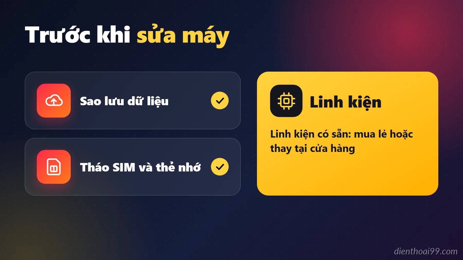 Infographic tiếng Việt: chuẩn bị trước khi sửa điện thoại và linh kiện có sẵn tại Điện Thoại 99 Đà Nẵng