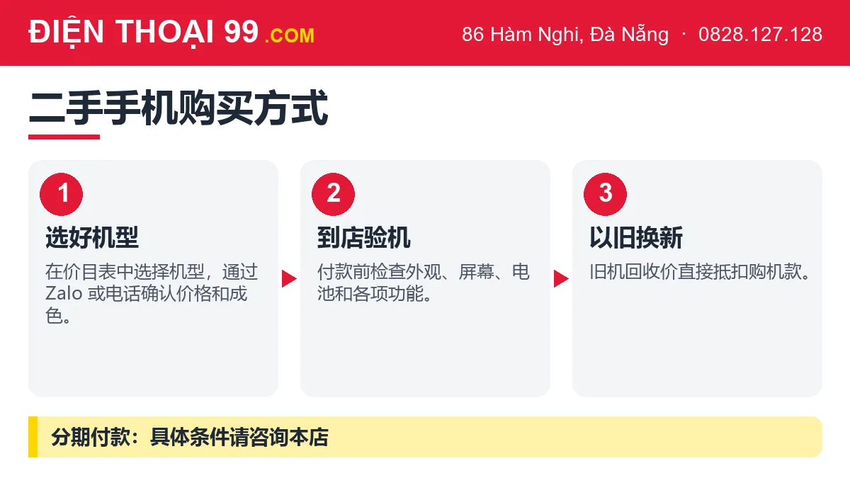 在 Điện Thoại 99 购买二手手机：选好机型、到店验机、以旧换新