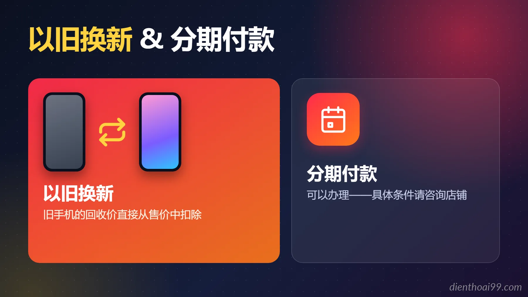 Infographic tiếng Trung: thu cũ đổi mới và trả góp khi mua điện thoại cũ tại Điện Thoại 99 Đà Nẵng