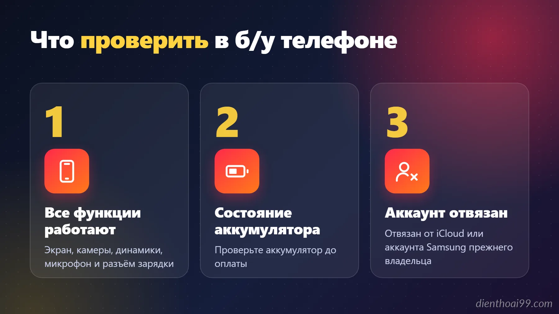 Infographic tiếng Nga: cần kiểm tra gì khi mua điện thoại cũ tại Điện Thoại 99 Đà Nẵng – chức năng, pin, tài khoản iCloud/Samsung