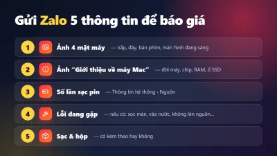 Gửi Zalo 5 thông tin để được báo giá thu mua MacBook: ảnh 4 mặt, mục Giới thiệu về máy Mac, số lần sạc pin, lỗi đang gặp, sạc và hộp