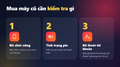 Infographic tiếng Việt: cần kiểm tra gì khi mua điện thoại cũ tại Điện Thoại 99 Đà Nẵng – chức năng, pin, tài khoản iCloud/Samsung