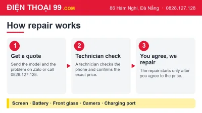 How phone repair works at Điện Thoại 99: get a quote, technician check, repair after you agree