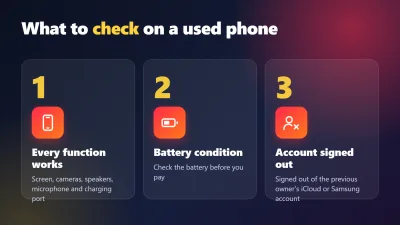 Infographic tiếng Anh: cần kiểm tra gì khi mua điện thoại cũ tại Điện Thoại 99 Đà Nẵng – chức năng, pin, tài khoản iCloud/Samsung