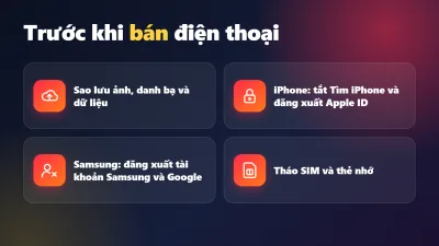 Infographic tiếng Việt: việc cần làm trước khi bán điện thoại cũ tại Điện Thoại 99 Đà Nẵng – sao lưu, đăng xuất iCloud/Samsung, tháo SIM