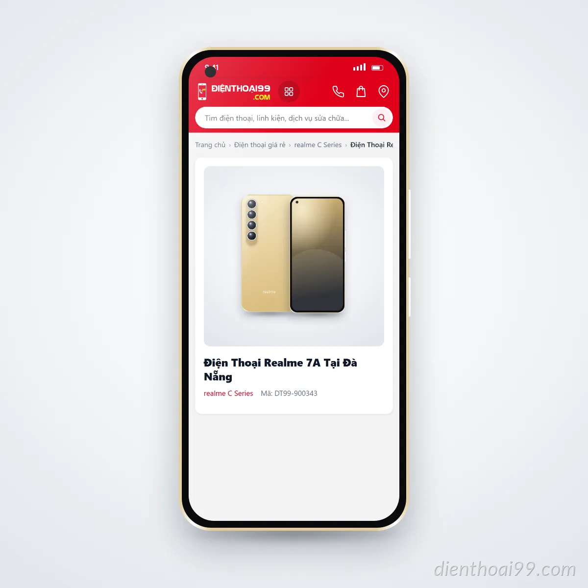 Điện thoại realme 7A đang mở trang sản phẩm trên dienthoai99.com (ảnh minh hoạ)