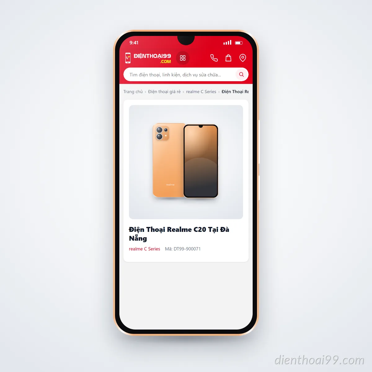 Điện thoại realme C20 đang mở trang sản phẩm trên dienthoai99.com (ảnh minh hoạ)