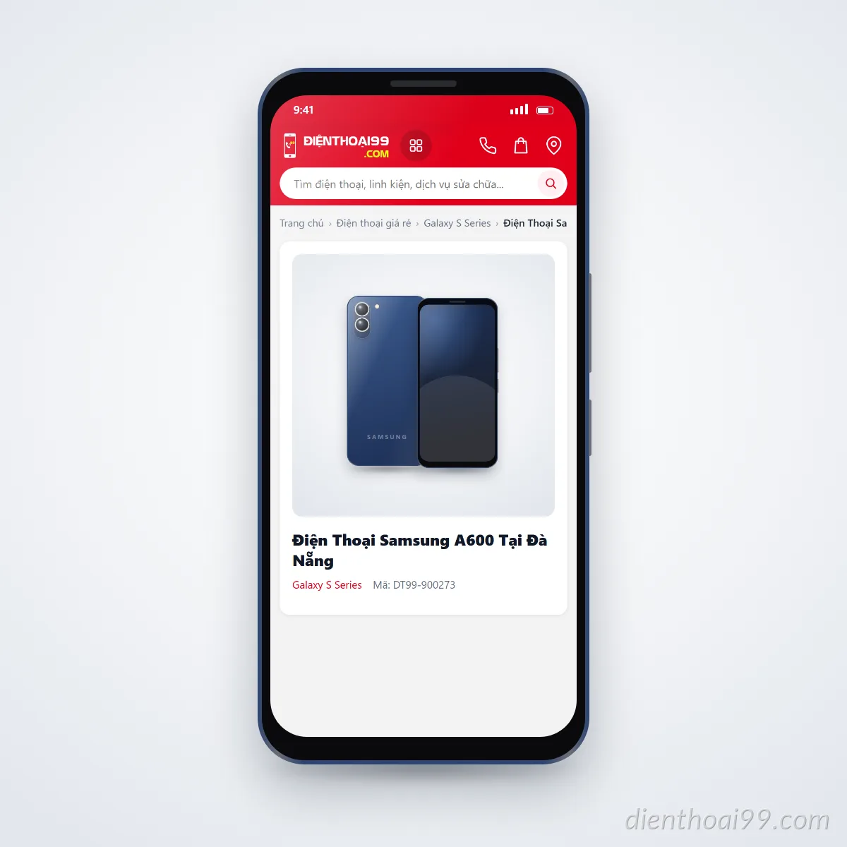 Điện thoại Samsung Galaxy A600 đang mở trang sản phẩm trên dienthoai99.com (ảnh minh hoạ)