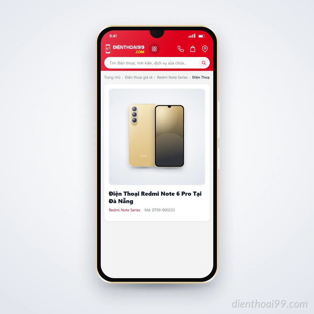 Điện thoại Redmi Note 6 Pro đang mở trang sản phẩm trên dienthoai99.com (ảnh minh hoạ)